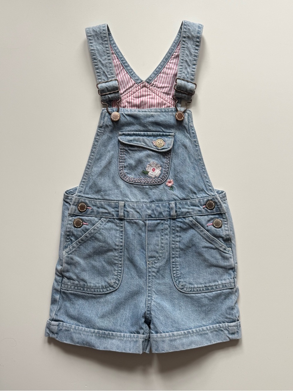 Genuine Kids from Oshkosh Girls Light Blue Denim Short Overalls with Embroidery